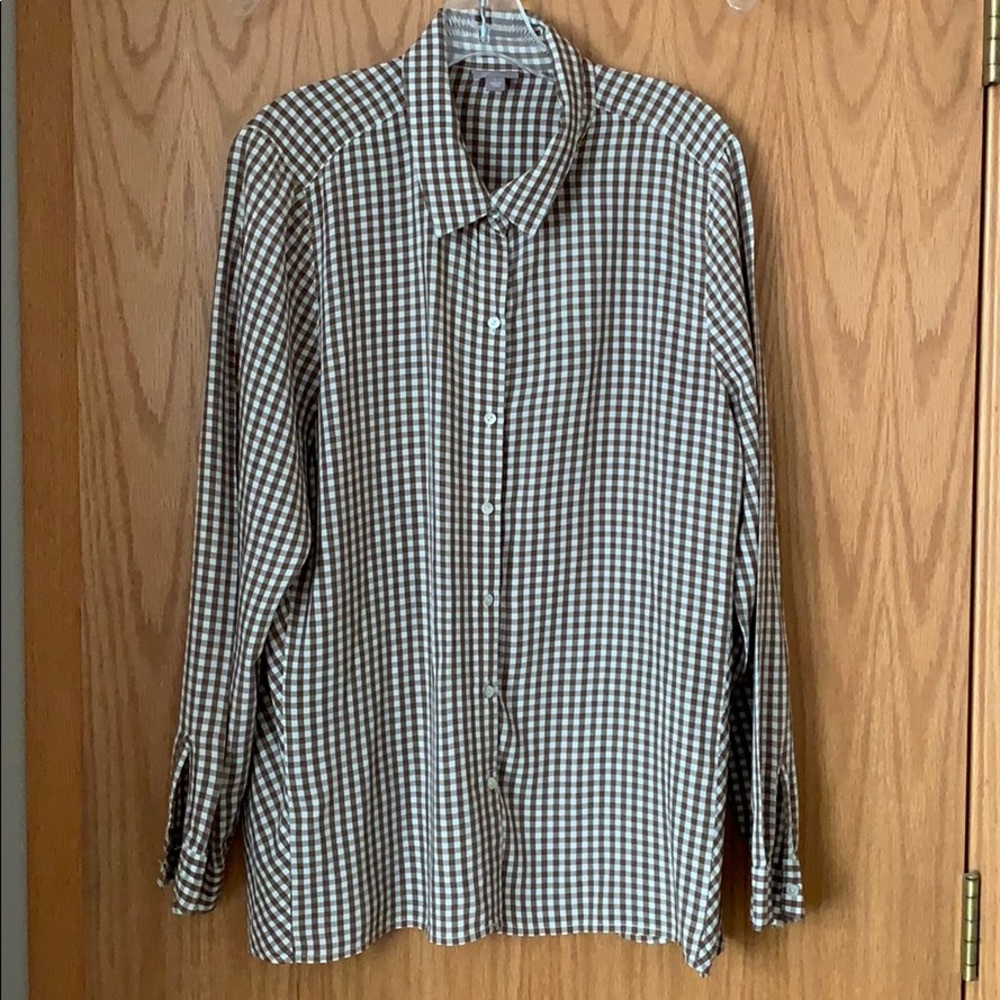 Brown and white checked button down shirt